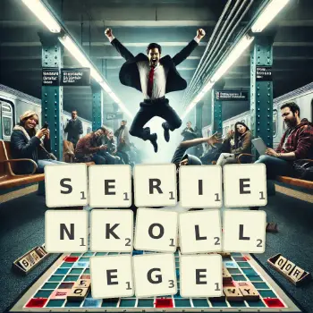 Kreative Illustration für ein Scrabble-Spiel, bei dem das Wort SERIENKOLLEGE mit Steinen auf dem Brett gelegt wurde.
