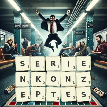Kreative Illustration für ein Scrabble-Spiel, bei dem das Wort SERIENKONZEPTES mit Steinen auf dem Brett gelegt wurde.