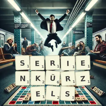 Kreative Illustration für ein Scrabble-Spiel, bei dem das Wort SERIENKÜRZELS mit Steinen auf dem Brett gelegt wurde.