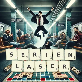 Kreative Illustration für ein Scrabble-Spiel, bei dem das Wort SERIENLASER mit Steinen auf dem Brett gelegt wurde.