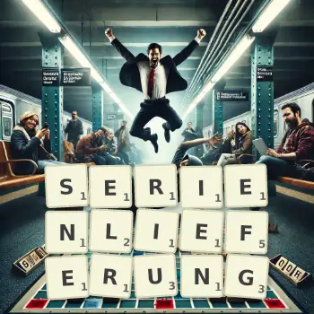 Kreative Illustration für ein Scrabble-Spiel, bei dem das Wort SERIENLIEFERUNG mit Steinen auf dem Brett gelegt wurde.