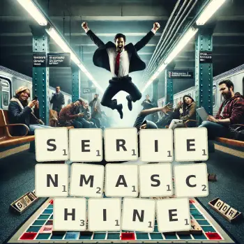 Kreative Illustration für ein Scrabble-Spiel, bei dem das Wort SERIENMASCHINE mit Steinen auf dem Brett gelegt wurde.