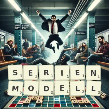 Kreative Illustration für ein Scrabble-Spiel, bei dem das Wort SERIENMODELL mit Steinen auf dem Brett gelegt wurde.