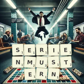 Kreative Illustration für ein Scrabble-Spiel, bei dem das Wort SERIENMUSTERN mit Steinen auf dem Brett gelegt wurde.