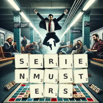 Kreative Illustration für ein Scrabble-Spiel, bei dem das Wort SERIENMUSTERS mit Steinen auf dem Brett gelegt wurde.