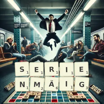 Kreative Illustration für ein Scrabble-Spiel, bei dem das Wort SERIENMÄIG mit Steinen auf dem Brett gelegt wurde.