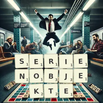 Kreative Illustration für ein Scrabble-Spiel, bei dem das Wort SERIENOBJEKTE mit Steinen auf dem Brett gelegt wurde.