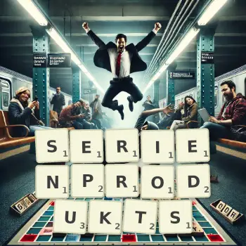 Kreative Illustration für ein Scrabble-Spiel, bei dem das Wort SERIENPRODUKTS mit Steinen auf dem Brett gelegt wurde.