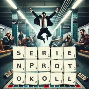 Kreative Illustration für ein Scrabble-Spiel, bei dem das Wort SERIENPROTOKOLL mit Steinen auf dem Brett gelegt wurde.