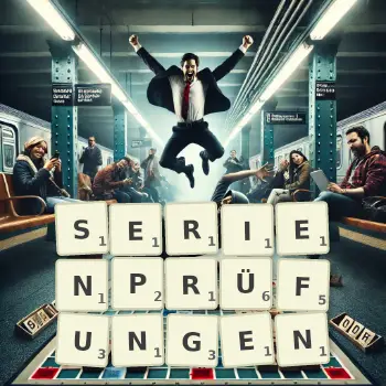 Kreative Illustration für ein Scrabble-Spiel, bei dem das Wort SERIENPRÜFUNGEN mit Steinen auf dem Brett gelegt wurde.