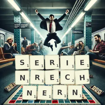 Kreative Illustration für ein Scrabble-Spiel, bei dem das Wort SERIENRECHNERN mit Steinen auf dem Brett gelegt wurde.