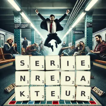 Kreative Illustration für ein Scrabble-Spiel, bei dem das Wort SERIENREDAKTEUR mit Steinen auf dem Brett gelegt wurde.