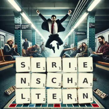 Kreative Illustration für ein Scrabble-Spiel, bei dem das Wort SERIENSCHALTERN mit Steinen auf dem Brett gelegt wurde.