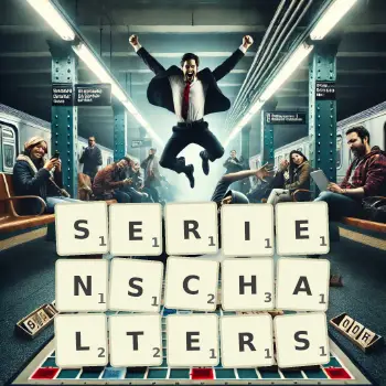 Kreative Illustration für ein Scrabble-Spiel, bei dem das Wort SERIENSCHALTERS mit Steinen auf dem Brett gelegt wurde.