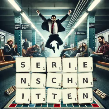 Kreative Illustration für ein Scrabble-Spiel, bei dem das Wort SERIENSCHNITTEN mit Steinen auf dem Brett gelegt wurde.
