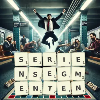 Kreative Illustration für ein Scrabble-Spiel, bei dem das Wort SERIENSEGMENTEN mit Steinen auf dem Brett gelegt wurde.