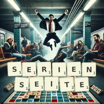 Kreative Illustration für ein Scrabble-Spiel, bei dem das Wort SERIENSEITE mit Steinen auf dem Brett gelegt wurde.