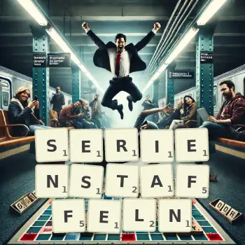 Kreative Illustration für ein Scrabble-Spiel, bei dem das Wort SERIENSTAFFELN mit Steinen auf dem Brett gelegt wurde.