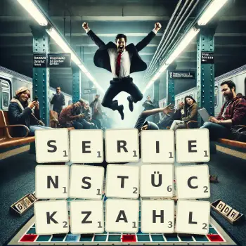 Kreative Illustration für ein Scrabble-Spiel, bei dem das Wort SERIENSTÜCKZAHL mit Steinen auf dem Brett gelegt wurde.