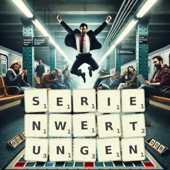 Kreative Illustration für ein Scrabble-Spiel, bei dem das Wort SERIENWERTUNGEN mit Steinen auf dem Brett gelegt wurde.