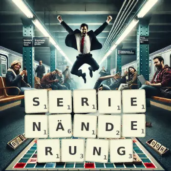 Kreative Illustration für ein Scrabble-Spiel, bei dem das Wort SERIENÄNDERUNG mit Steinen auf dem Brett gelegt wurde.