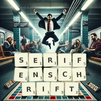 Kreative Illustration für ein Scrabble-Spiel, bei dem das Wort SERIFENSCHRIFT mit Steinen auf dem Brett gelegt wurde.