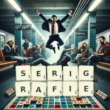 Kreative Illustration für ein Scrabble-Spiel, bei dem das Wort SERIGRAFIE mit Steinen auf dem Brett gelegt wurde.