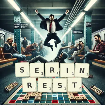 Kreative Illustration für ein Scrabble-Spiel, bei dem das Wort SERINREST mit Steinen auf dem Brett gelegt wurde.