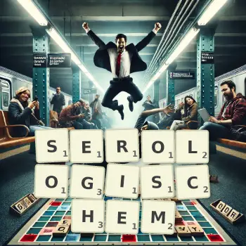 Kreative Illustration für ein Scrabble-Spiel, bei dem das Wort SEROLOGISCHEM mit Steinen auf dem Brett gelegt wurde.