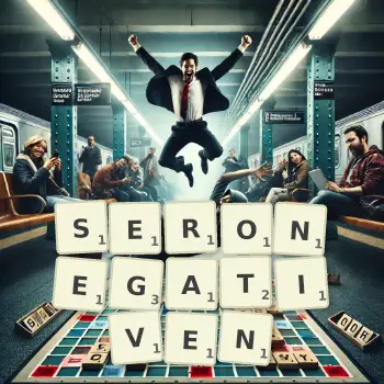 Kreative Illustration für ein Scrabble-Spiel, bei dem das Wort SERONEGATIVEN mit Steinen auf dem Brett gelegt wurde.