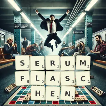 Kreative Illustration für ein Scrabble-Spiel, bei dem das Wort SERUMFLASCHEN mit Steinen auf dem Brett gelegt wurde.