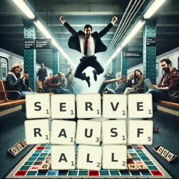 Kreative Illustration für ein Scrabble-Spiel, bei dem das Wort SERVERAUSFALL mit Steinen auf dem Brett gelegt wurde.