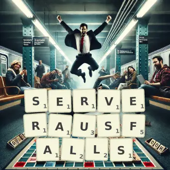 Kreative Illustration für ein Scrabble-Spiel, bei dem das Wort SERVERAUSFALLS mit Steinen auf dem Brett gelegt wurde.