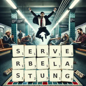 Kreative Illustration für ein Scrabble-Spiel, bei dem das Wort SERVERBELASTUNG mit Steinen auf dem Brett gelegt wurde.