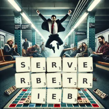 Kreative Illustration für ein Scrabble-Spiel, bei dem das Wort SERVERBETRIEB mit Steinen auf dem Brett gelegt wurde.