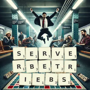 Kreative Illustration für ein Scrabble-Spiel, bei dem das Wort SERVERBETRIEBS mit Steinen auf dem Brett gelegt wurde.