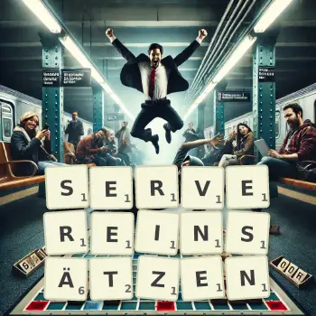 Kreative Illustration für ein Scrabble-Spiel, bei dem das Wort SERVEREINSÄTZEN mit Steinen auf dem Brett gelegt wurde.