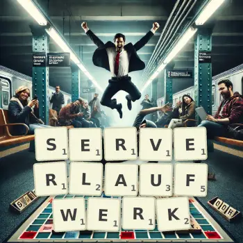 Kreative Illustration für ein Scrabble-Spiel, bei dem das Wort SERVERLAUFWERK mit Steinen auf dem Brett gelegt wurde.