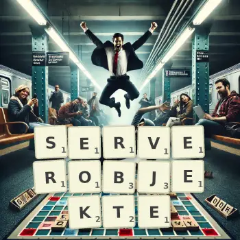 Kreative Illustration für ein Scrabble-Spiel, bei dem das Wort SERVEROBJEKTE mit Steinen auf dem Brett gelegt wurde.