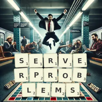 Kreative Illustration für ein Scrabble-Spiel, bei dem das Wort SERVERPROBLEMS mit Steinen auf dem Brett gelegt wurde.