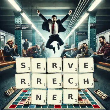 Kreative Illustration für ein Scrabble-Spiel, bei dem das Wort SERVERRECHNER mit Steinen auf dem Brett gelegt wurde.