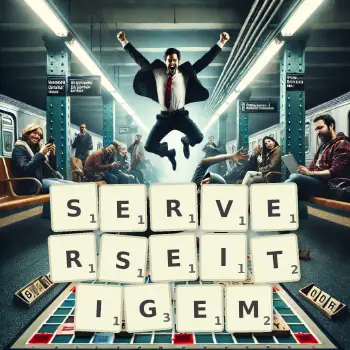 Kreative Illustration für ein Scrabble-Spiel, bei dem das Wort SERVERSEITIGEM mit Steinen auf dem Brett gelegt wurde.