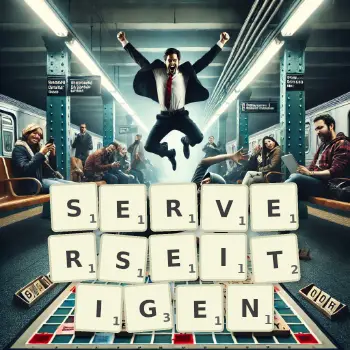 Kreative Illustration für ein Scrabble-Spiel, bei dem das Wort SERVERSEITIGEN mit Steinen auf dem Brett gelegt wurde.