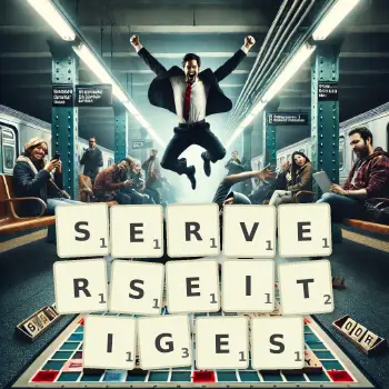 Kreative Illustration für ein Scrabble-Spiel, bei dem das Wort SERVERSEITIGES mit Steinen auf dem Brett gelegt wurde.