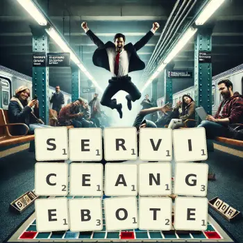 Kreative Illustration für ein Scrabble-Spiel, bei dem das Wort SERVICEANGEBOTE mit Steinen auf dem Brett gelegt wurde.