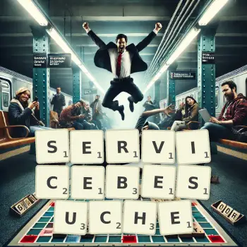 Kreative Illustration für ein Scrabble-Spiel, bei dem das Wort SERVICEBESUCHE mit Steinen auf dem Brett gelegt wurde.