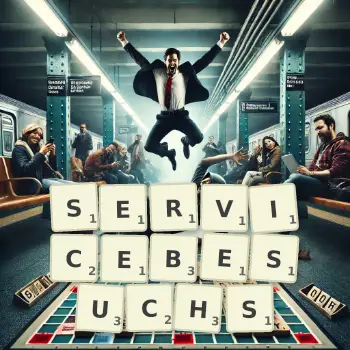 Kreative Illustration für ein Scrabble-Spiel, bei dem das Wort SERVICEBESUCHS mit Steinen auf dem Brett gelegt wurde.