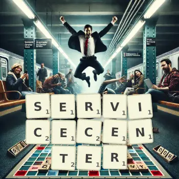 Kreative Illustration für ein Scrabble-Spiel, bei dem das Wort SERVICECENTER mit Steinen auf dem Brett gelegt wurde.