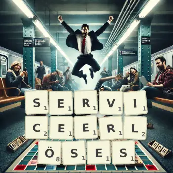 Kreative Illustration für ein Scrabble-Spiel, bei dem das Wort SERVICEERLÖSES mit Steinen auf dem Brett gelegt wurde.