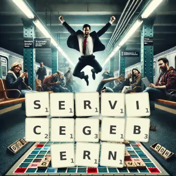 Kreative Illustration für ein Scrabble-Spiel, bei dem das Wort SERVICEGEBERN mit Steinen auf dem Brett gelegt wurde.